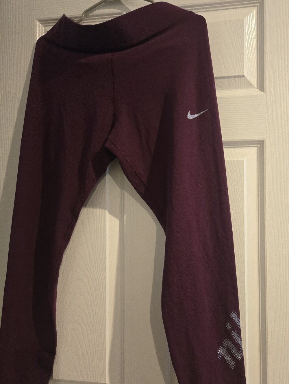 Nike Maroon Leggings with Silver Swoosh and Rhinestone 'NIKE'